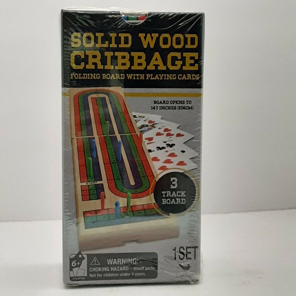 New Solid Wood Cribbage Set Folding 3 Track Board with Playing Cards Cardinal‎